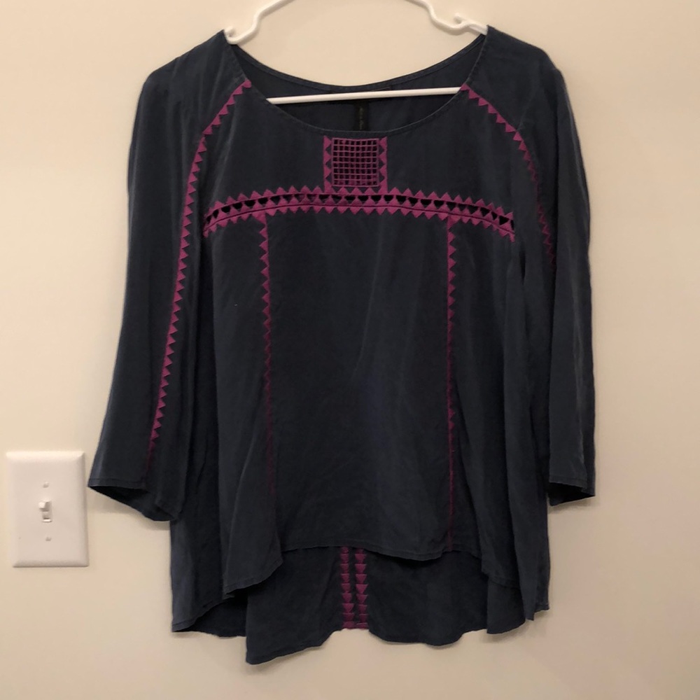 BCBGMAXAZRIA Navy Blouse with Embroidered Detail
